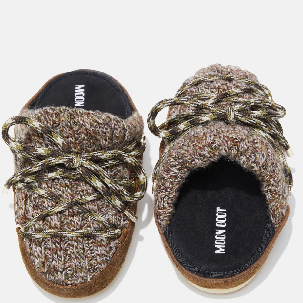 Moon Boot Icon knit lace-up mules clogs Brown Moon Boot Mules